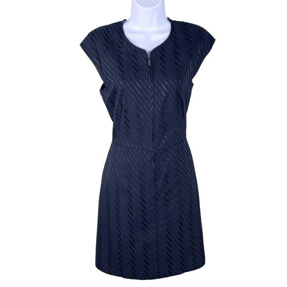 Theory Womens 8 Navy Textured Zip Front Sheath Dress Cap Sleeve Career Wear - Picture 1 of 16